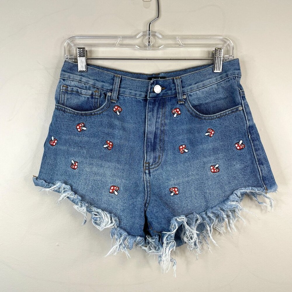 Mushroom Denim Festival Shorts Womens 28 Raw Hem Earthy Hippie Boho Granola Girl